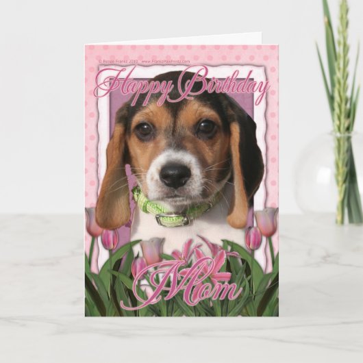 Gelukkige Verjaardag - Roze Tulpen - Beagle Puppy Kaart (Voorkant)