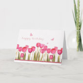 Gelukkige verjaardag, roze tulpen en vlinders kaart (Voorkant)