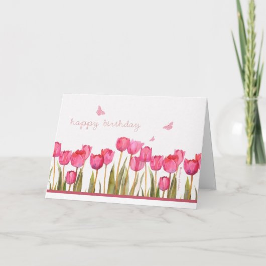 Gelukkige verjaardag, roze tulpen en vlinders kaart (Voorkant)