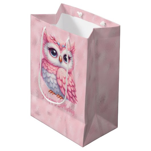 Gelukkige verjaardag roze uil op roze medium cadeauzakje (Voorkant Gekanteld)