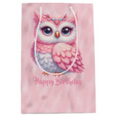 Gelukkige verjaardag roze uil op roze medium cadeauzakje (Voorkant)