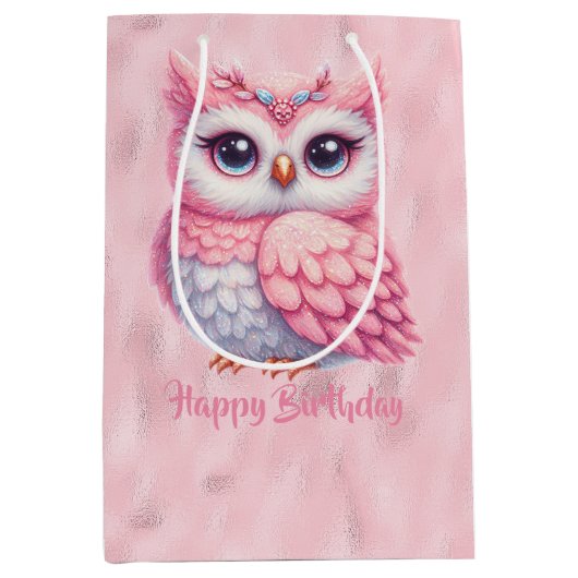 Gelukkige verjaardag roze uil op roze medium cadeauzakje (Voorkant)