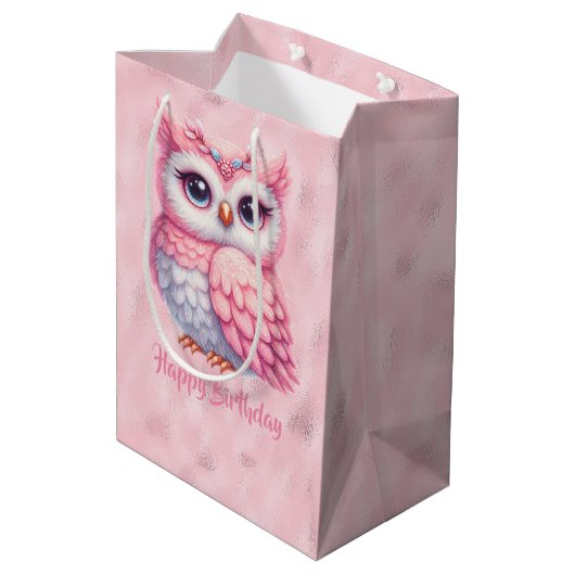 Gelukkige verjaardag roze uil op roze medium cadeauzakje (Achterkant Gekanteld)