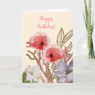 Gelukkige Verjaardag  Roze Waterverf Bloemen Kaart