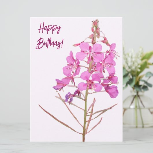 Gelukkige verjaardag  roze wilde bloem bloemen feestdagenkaart (Staand voorkant)