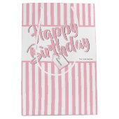 Gelukkige Verjaardag Roze/Witte Eenvoudige Stripes Medium Cadeauzakje (Voorkant)