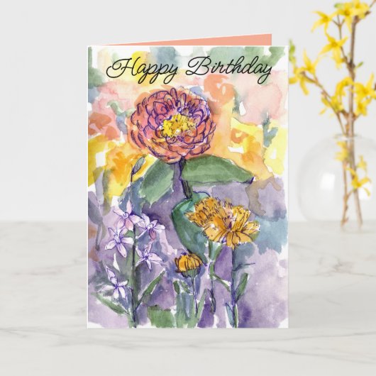 Gelukkige Verjaardag Roze Zinnias Waterverf Tuin Kaart (Gele Bloem)