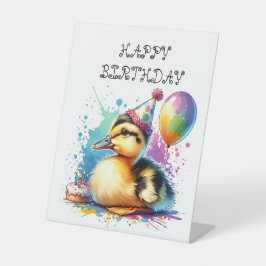 Gelukkige verjaardag schattig eendentafelteken reclamebord met voetstuk