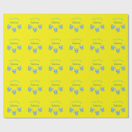 Gelukkige verjaardag schattige bouncy blauwe kitte cadeaupapier (Vlak)