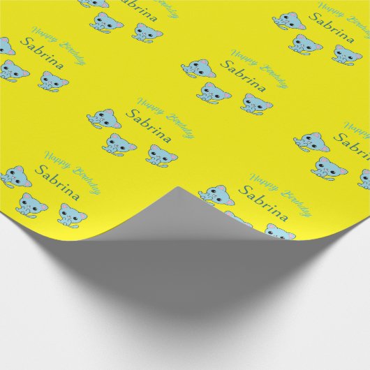 Gelukkige verjaardag schattige bouncy blauwe kitte cadeaupapier (Hoek)