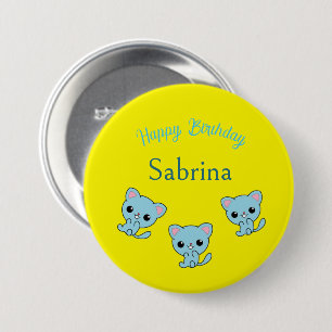 Gelukkige verjaardag schattige bouncy blauwe kitte ronde button 7,6 cm