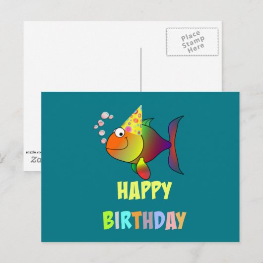 Gelukkige verjaardag, schattige en kleurrijke cart briefkaart (Voorkant / Achterkant)