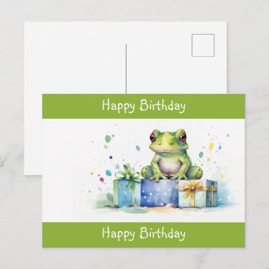 Gelukkige verjaardag Schattige groene kikker met i Briefkaart (Voorkant / Achterkant)
