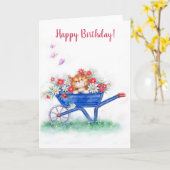 Gelukkige verjaardag, schattige kat in kruiwagen kaart (Gele Bloem)