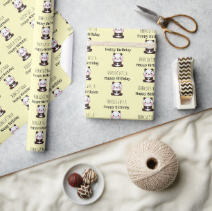Gelukkige verjaardag schattige pandabeer geel cadeaupapier