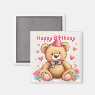 Gelukkige verjaardag Schattige teddybeer met roze  Magneet