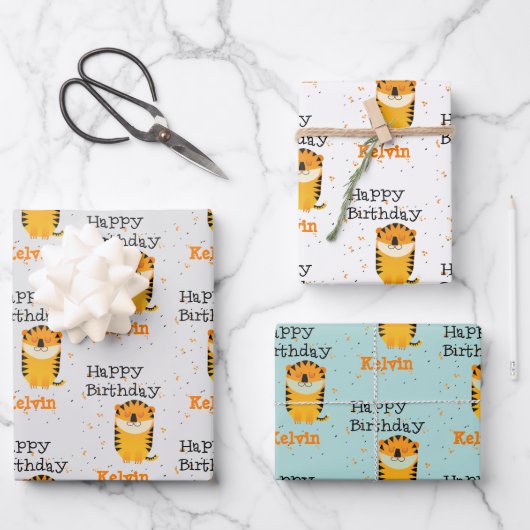 Gelukkige verjaardag schattige tijger aangepaste n inpakpapier vel (Voorkant)