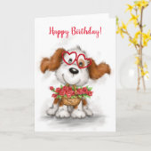 Gelukkige Verjaardag, Schattigee hond met Bloemenm Kaart (Gele Bloem)