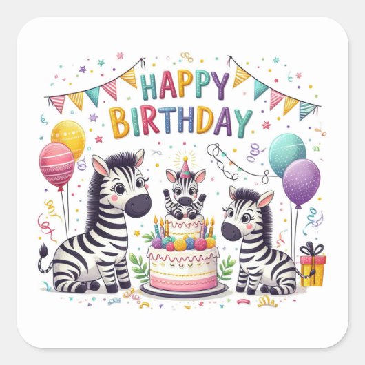 Gelukkige Verjaardag Schattigee Zebra's Celebratin Vierkante Sticker (Voorkant)