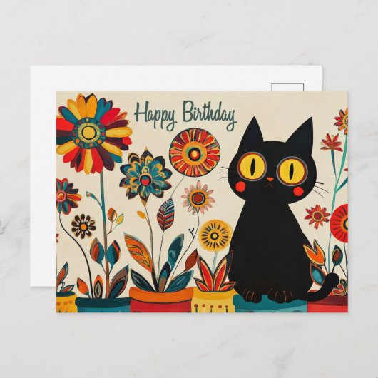 Gelukkige Verjaardag Schattigee Zwarte Kat met Blo Briefkaart (Voorkant / Achterkant)