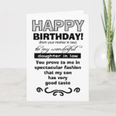 Gelukkige verjaardag schoonmoeder aan schoondochte kaart (Voorkant)