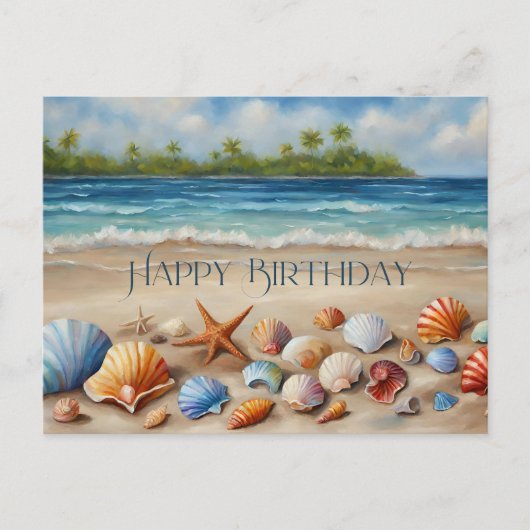 Gelukkige Verjaardag Seashells op Sandy Tropical B Briefkaart (Voorkant)