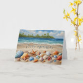 Gelukkige Verjaardag Seashells op Sandy Tropical B Kaart (Gele Bloem)