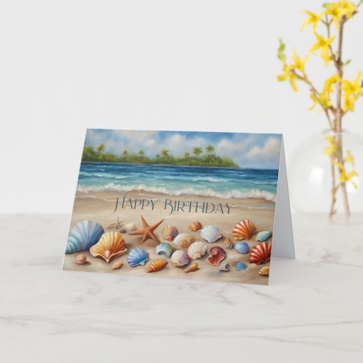 Gelukkige Verjaardag Seashells op Sandy Tropical B Kaart (Gele Bloem)