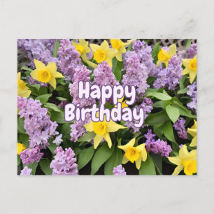 Gelukkige verjaardag Sering bloemen en Gele Narcis Briefkaart