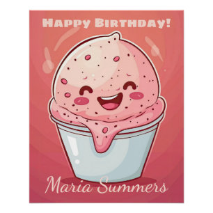 Gelukkige verjaardag Sherbet ijs Kawaii Cartoon Perfect Poster