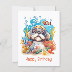 Gelukkige verjaardag Shih Tzu-hond die op koraalri Briefkaart