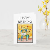 Gelukkige Verjaardag, Slapen Folk Art Cat Print Kaart (Gele Bloem)