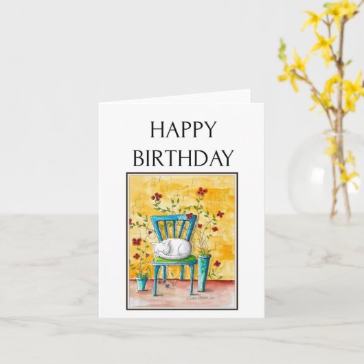 Gelukkige Verjaardag, Slapen Folk Art Cat Print Kaart (Gele Bloem)