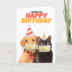 Gelukkige Verjaardag Sociale Afstand Kat en Hond H Feestdagen Kaart
