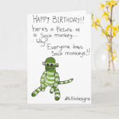 Gelukkige verjaardag! Sock Monkey Greetings Kaart (Gele Bloem)