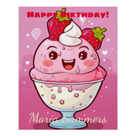 Gelukkige Verjaardag Sorbet Ijs Kawaii Cartoon  Perfect Poster