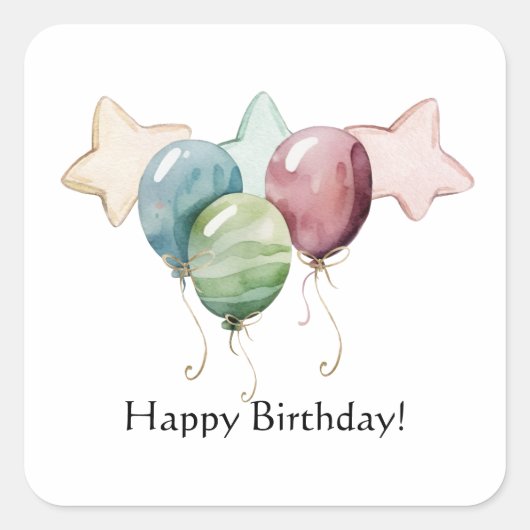 Gelukkige Verjaardag Sterren en Ballonnen Vierkante Sticker (Voorkant)