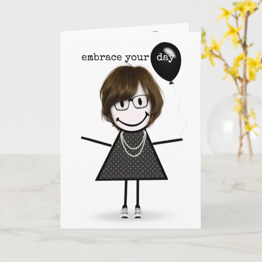 Gelukkige verjaardag Stick Figure Meisje met Ballo Kaart (Gele Bloem)