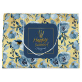 Gelukkige Verjaardag Stoffig Blauw Goud Bloemen Na Groot Cadeauzakje (Voorkant)