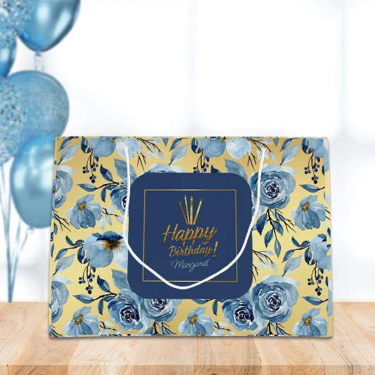 Gelukkige Verjaardag Stoffig Blauw Goud Bloemen Na Groot Cadeauzakje