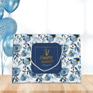 Gelukkige Verjaardag Stoffig Blauw Wit Bloemen Naa Groot Cadeauzakje