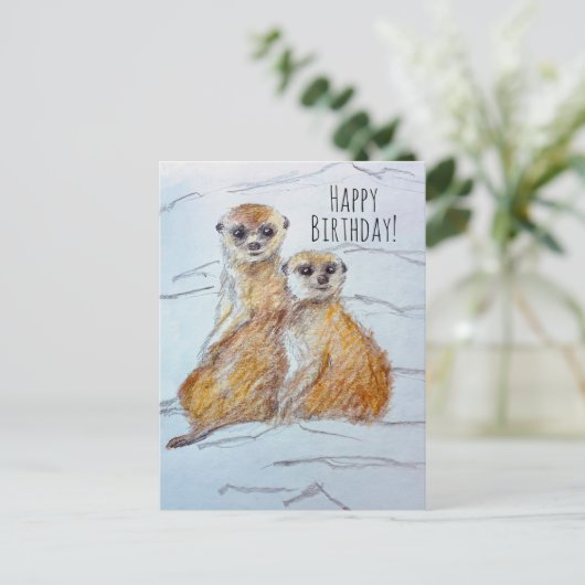 Gelukkige verjaardag stokstaartje wilde dieren briefkaart (Staand voorkant)