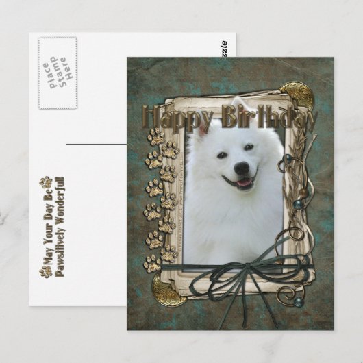 Gelukkige Verjaardag - Stone Paws - American Eskim Briefkaart (Voorkant / Achterkant)
