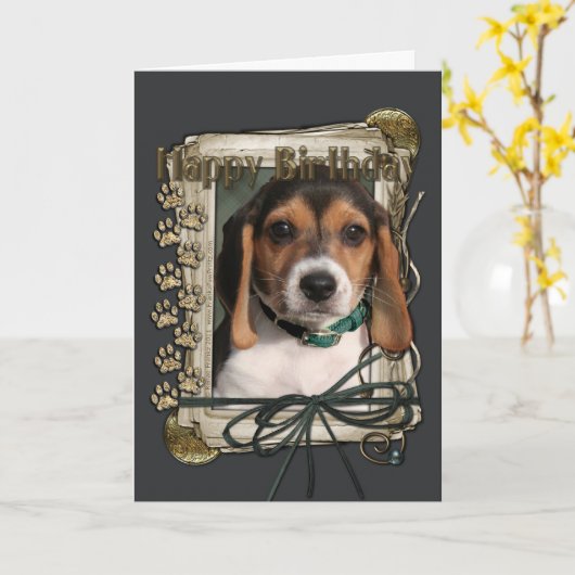 Gelukkige Verjaardag - Stone Paws - Beagle Puppy Kaart (Gele Bloem)