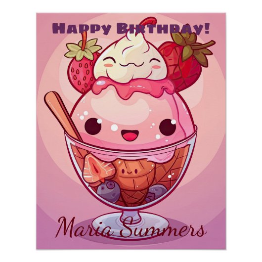 Gelukkige verjaardag Strawberry Ijs Kawaii Perfect Poster (Voorkant)