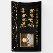 Gelukkige Verjaardag String Lights Foto Zwart Goud Spandoek (Verticaal)