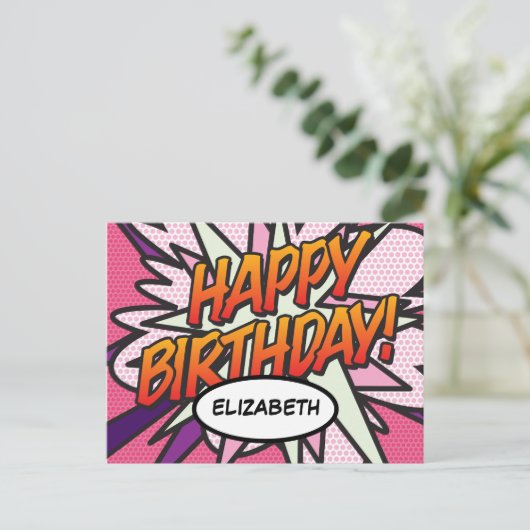 GELUKKIGE VERJAARDAG Stripboek Pop Art Roze Briefkaart (Staand voorkant)