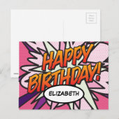 GELUKKIGE VERJAARDAG Stripboek Pop Art Roze Briefkaart (Voorkant / Achterkant)