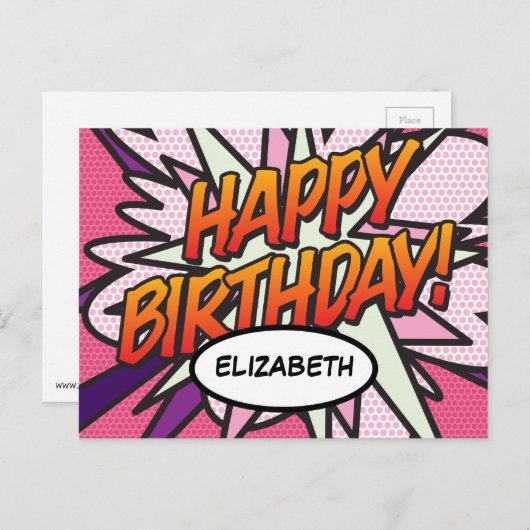 GELUKKIGE VERJAARDAG Stripboek Pop Art Roze Briefkaart (Voorkant / Achterkant)