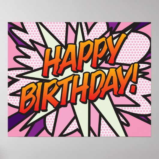 GELUKKIGE VERJAARDAG Stripboek Pop Art roze Poster (Voorkant)